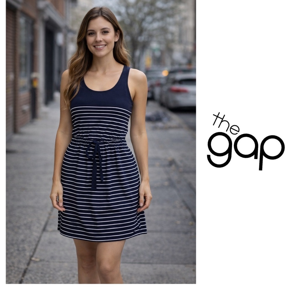 Gap Navy-white striped cotton cinched tie waist dress